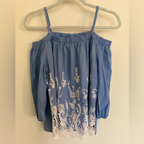 BCX blue off the shoulder top with beautiful white lace accent - Picture 4 of 5